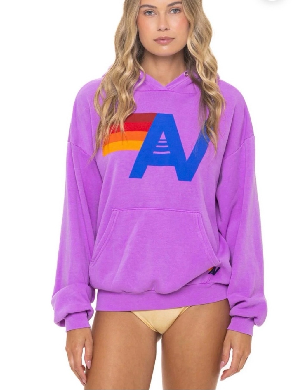 Aviator Nation Lavender Hoodie with Rainbow Stripe and Blue AV Logo